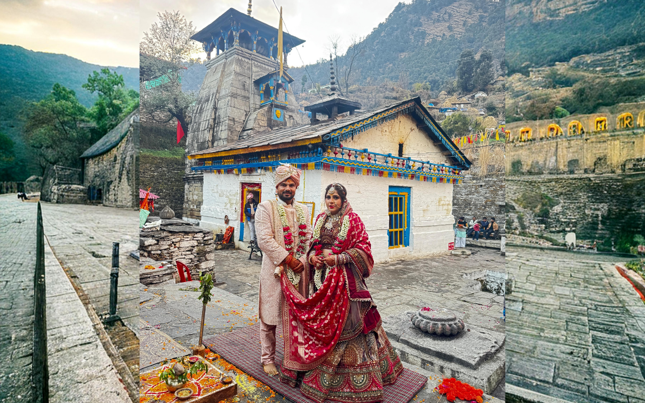 Himalayan peak backdrop for Triyuginarayan temple wedding couple